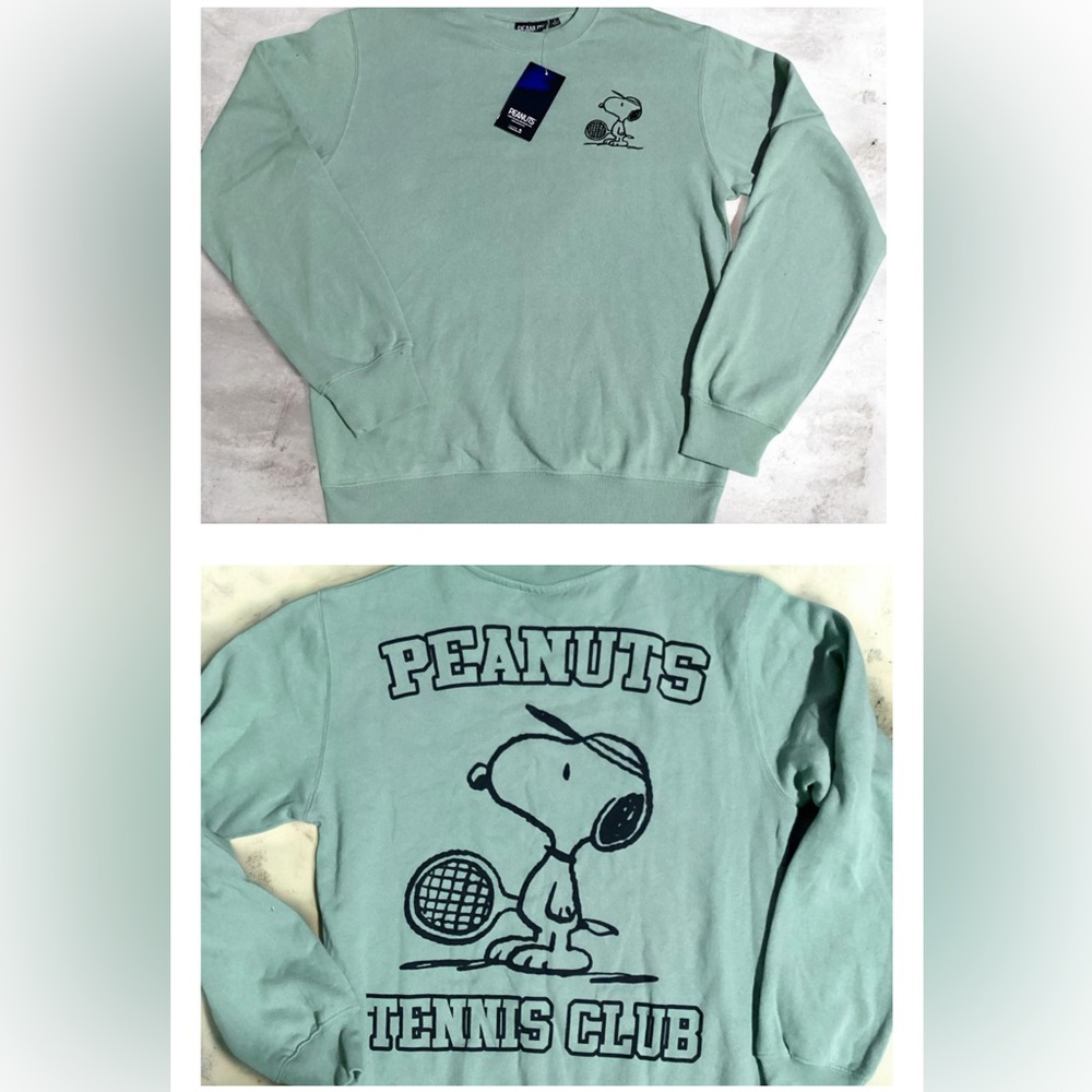 Peanuts Snoopy Tennis Club Sweatshirt Green Crewneck Graphic Pullover Small